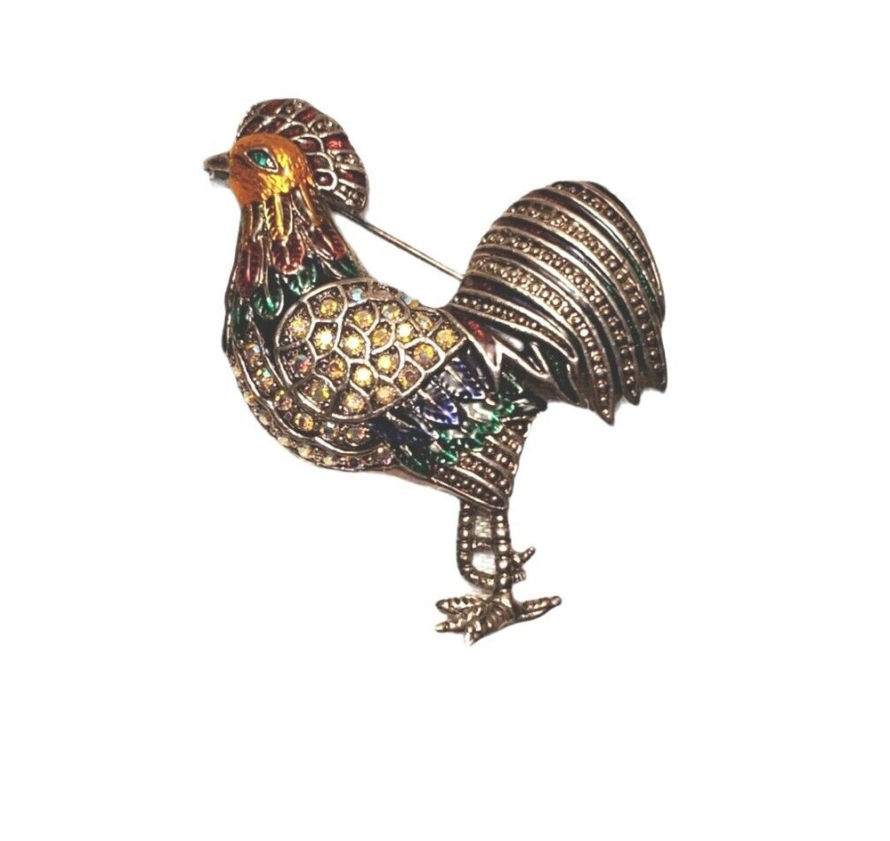 Rooster Brooch Enamel Rhinestone Standing Silver Tone Multicolor Pin